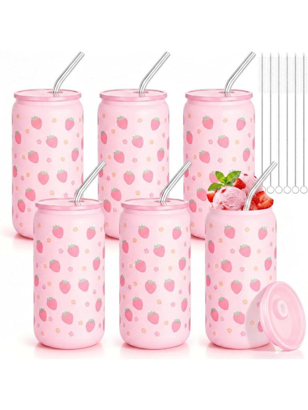 6 Pack Pink Strawberry Glass Cups with Lids & Straws - Perfect for Drinks